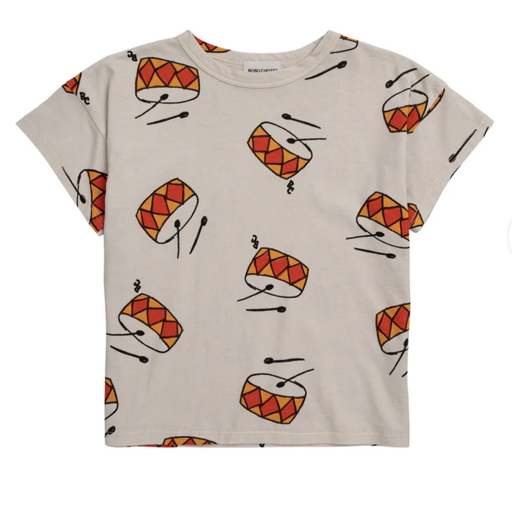 NWT Bobo Choses Play The Drum Print T-Shirt - Grey, Size 2-3T
